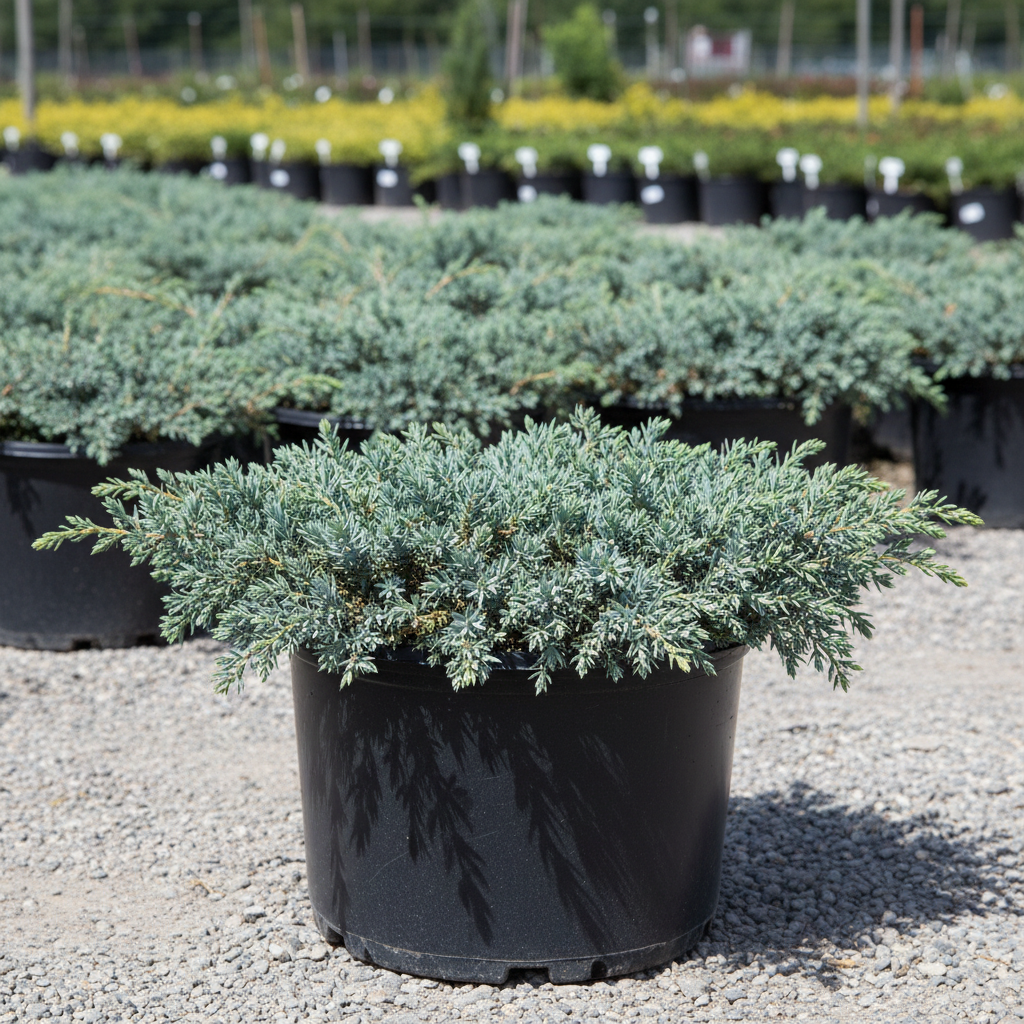 Blue Rug Juniper in black nursery trade container, very low flat spreading silvery-blue needle foliage, outdoor nursery lot background