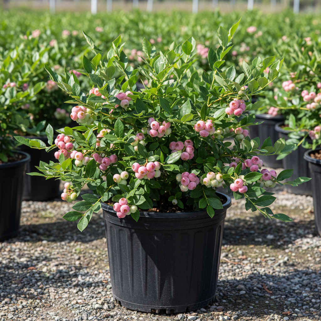 Pink Lemonade blueberry bush in 3-gallon nursery container with pink berries