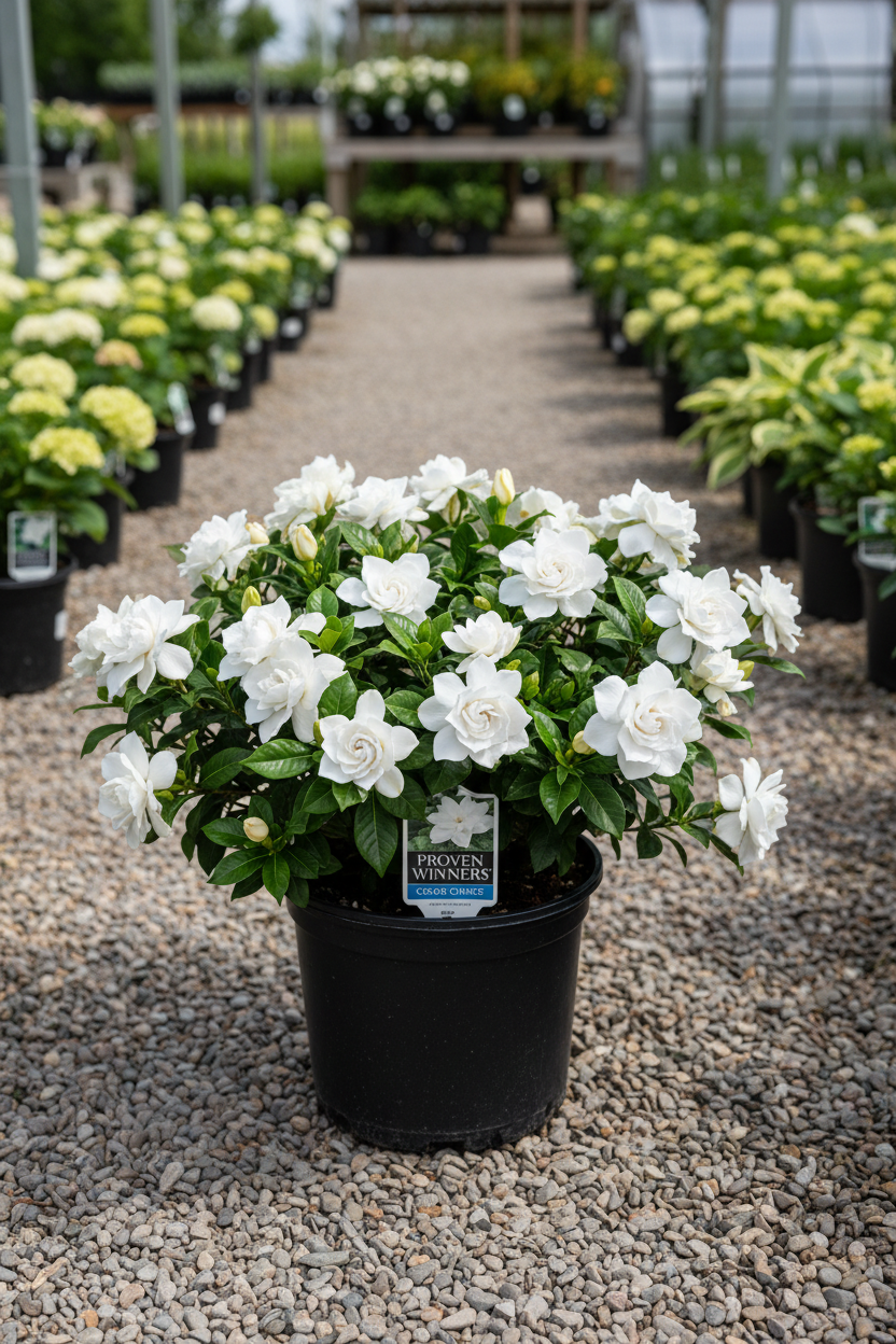 Steady As She Goes Gardenia Proven Winners in black nursery pot with large double white fragrant blooms at garden center