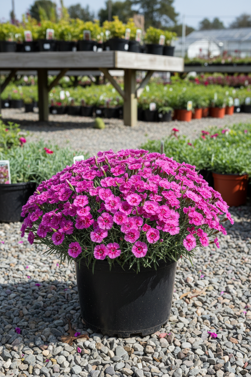Dianthus Firewitch in black nursery pot with masses of magenta-pink fringed flowers and silvery blue-green foliage at garden center