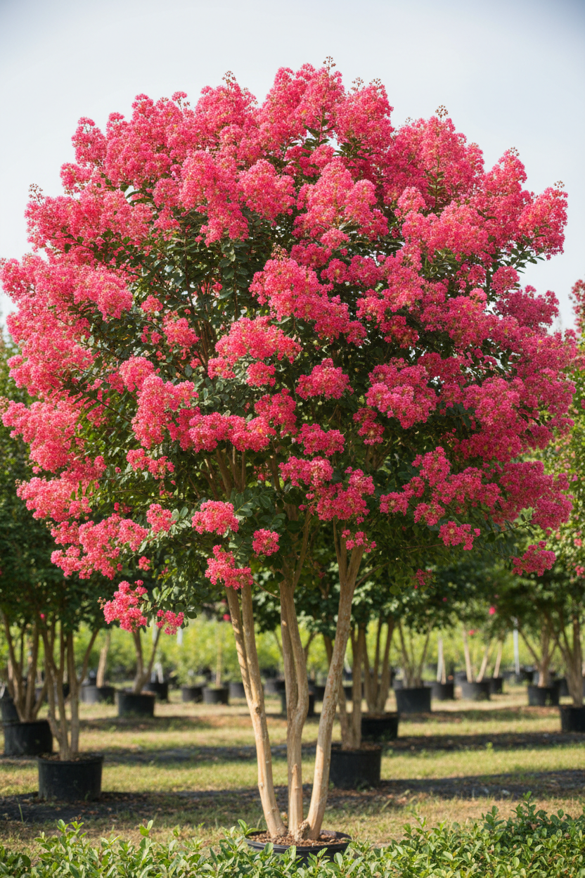 Watermelon Red Crape Myrtle in full bloom with vivid watermelon-red flower clusters