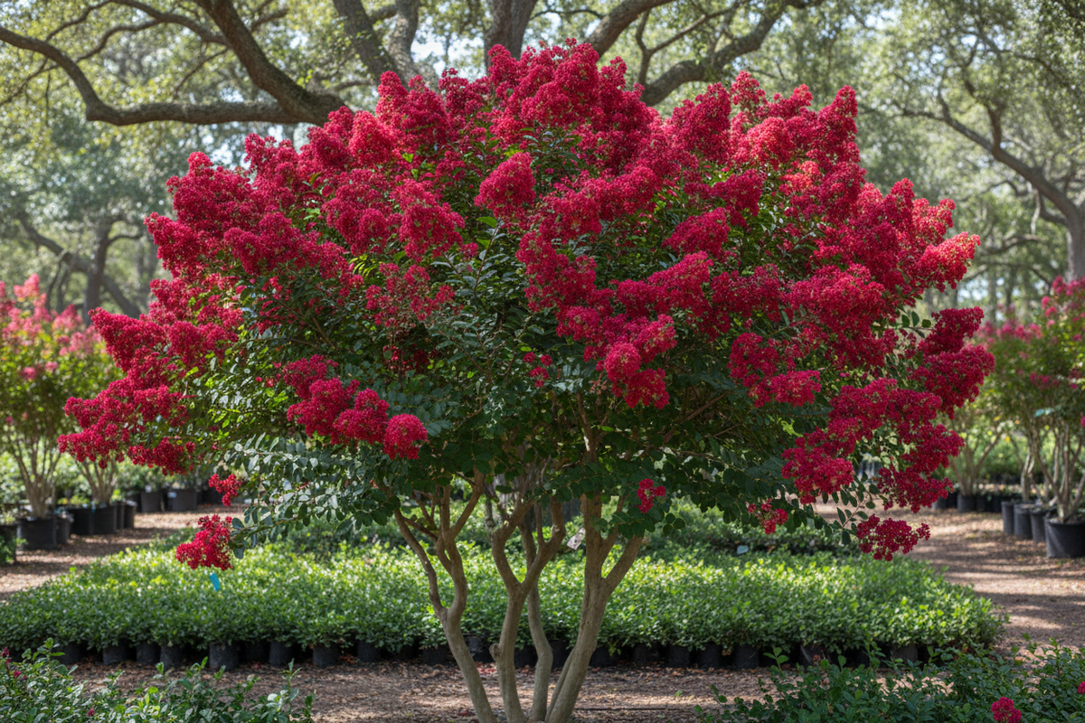 Miss Frances crape myrtle with rich deep red blooms