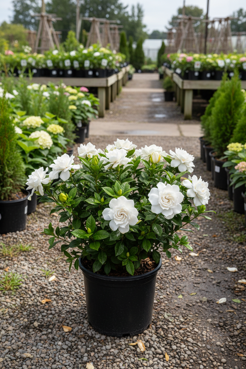 Double Mint Gardenia in black nursery pot with large double white fragrant blooms and glossy foliage at garden center