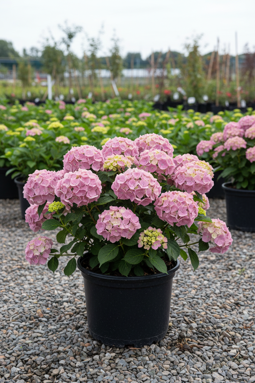 Invincibelle Mini Mauvette dwarf smooth hydrangea in black nursery pot with large round soft mauve pink flower clusters