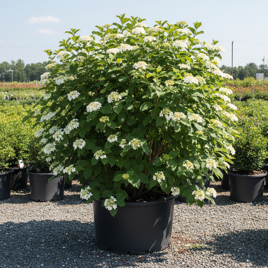 Blue Muffin Arrowwood Viburnum large specimen in black nursery trade container, white flower clusters, outdoor nursery lot background