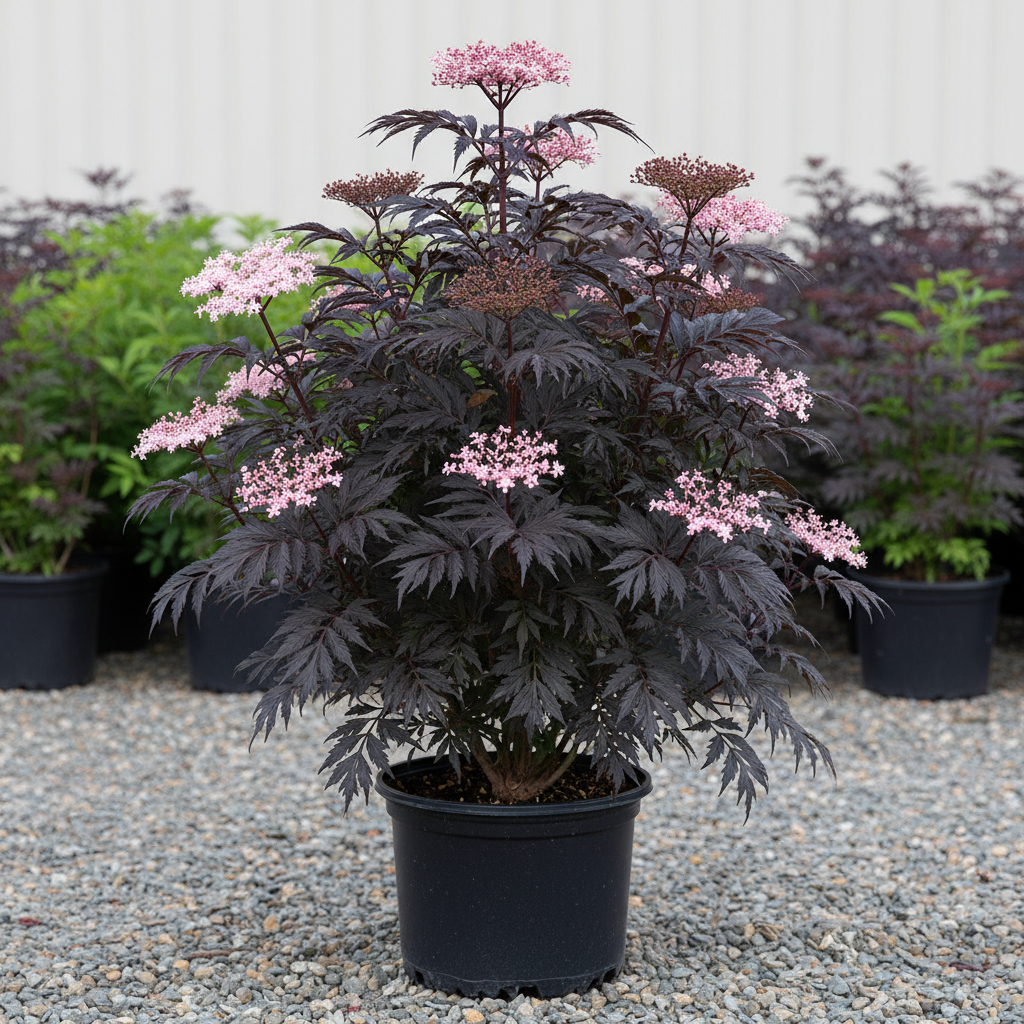 Black Lace® Elderberry with deeply cut dark purple lacy foliage and pink flower clusters in nursery container