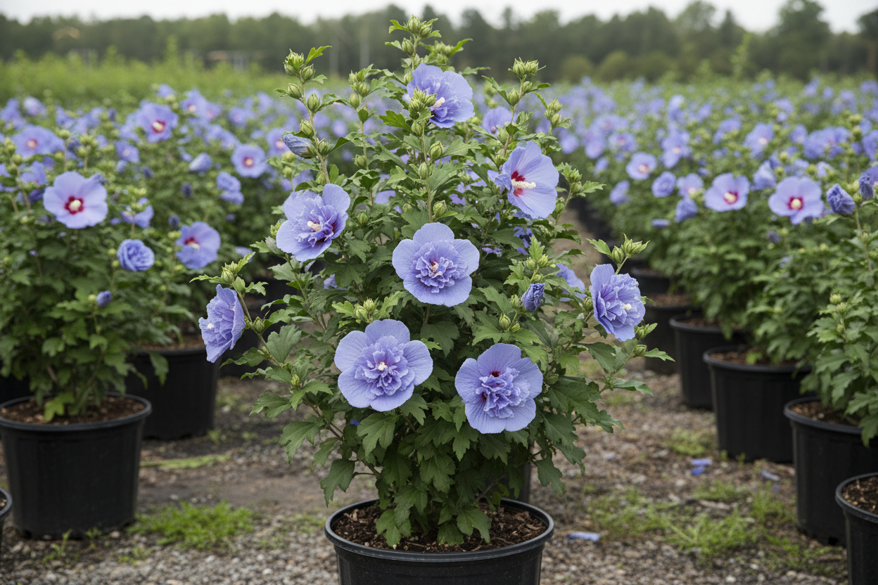 Althea 'Blue Chiffon®' Rose of Sharon with soft blue-lavender flowers in black nursery container