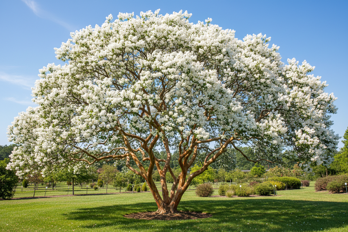 Natchez crape myrtle with pure white blooms and cinnamon exfoliating bark