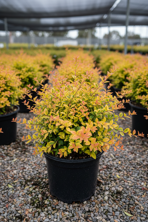 Abelia Kaleidoscope compact shrub with variegated gold and green foliage in nursery container