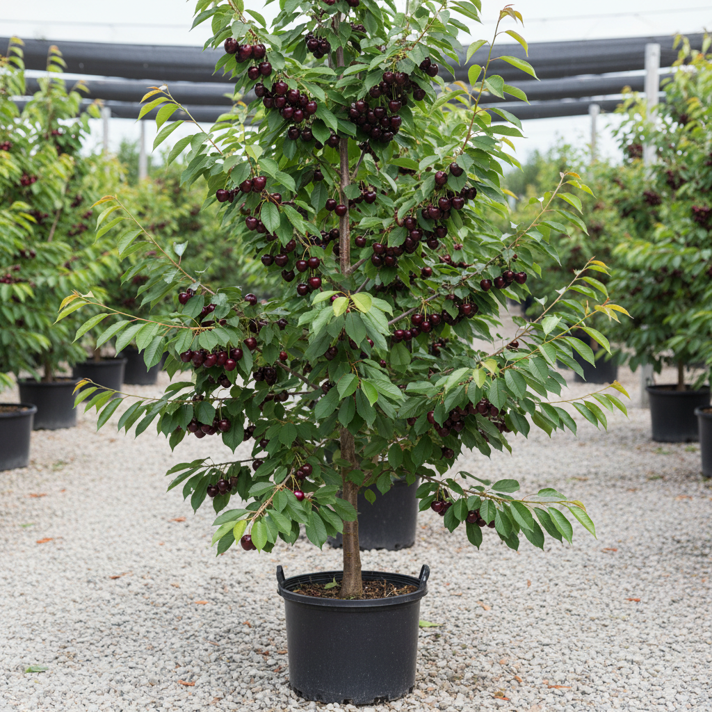 Black Tartarian Cherry tree in nursery container with glossy dark green leaves and clusters of deep red-black sweet cherries