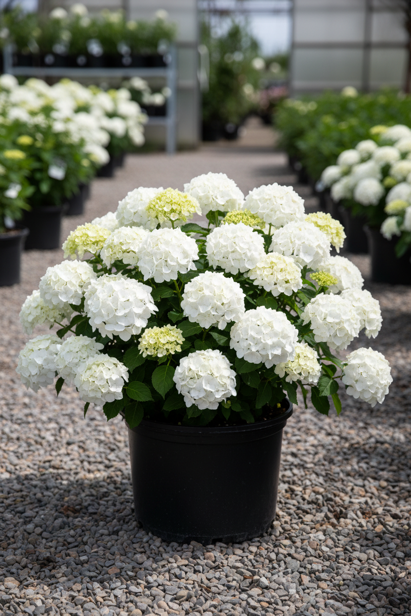 Invincibelle Wee White dwarf smooth hydrangea in black nursery pot covered in large round pure white flower clusters