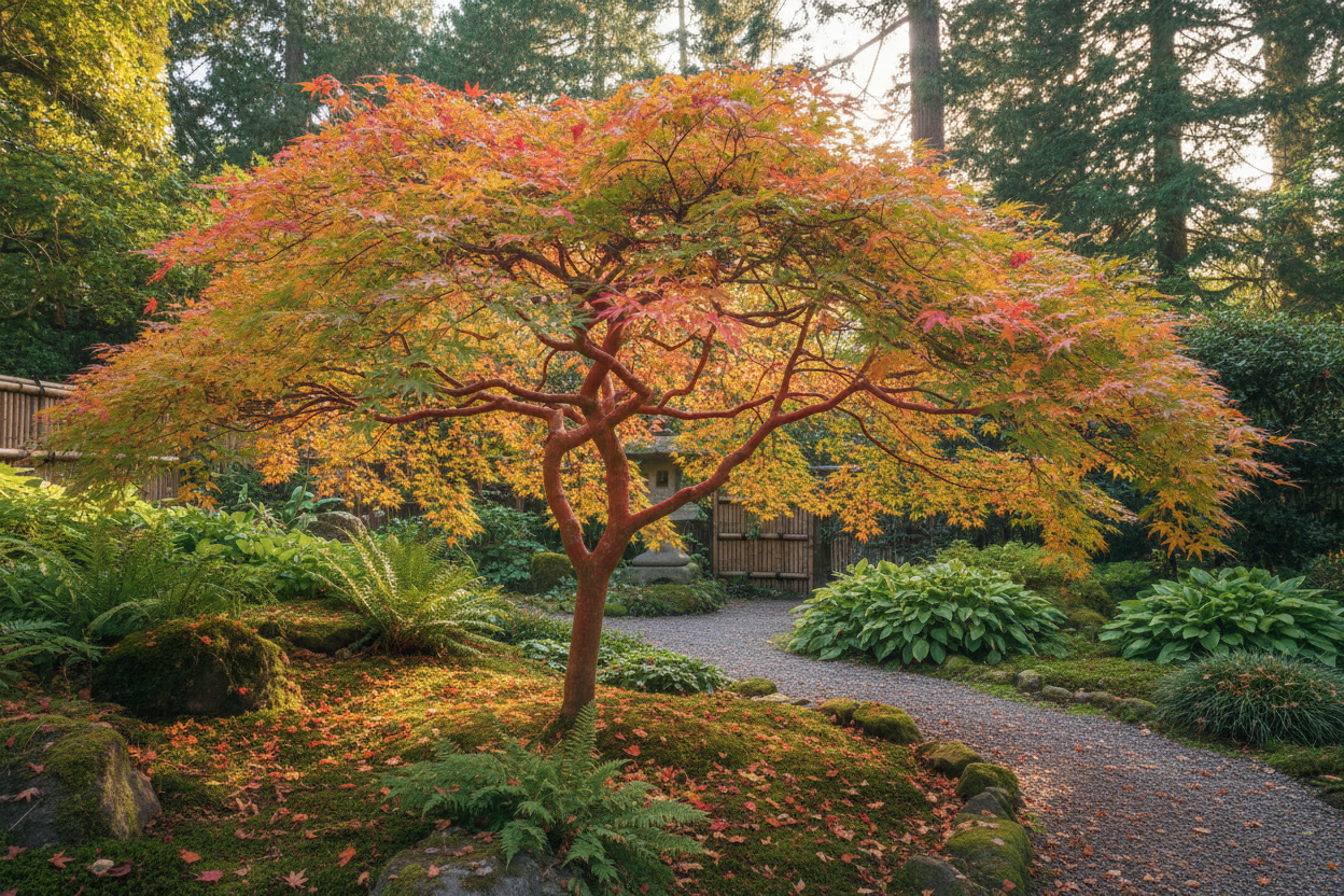 Sango Kaku Japanese Maple with coral-red bark in a garden landscape