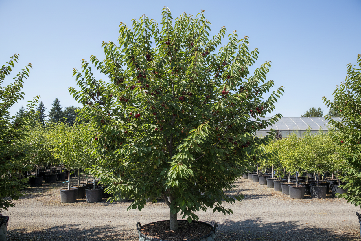 Bing Cherry tree with clusters of deep red mahogany cherries ripening on branches with lush green foliage