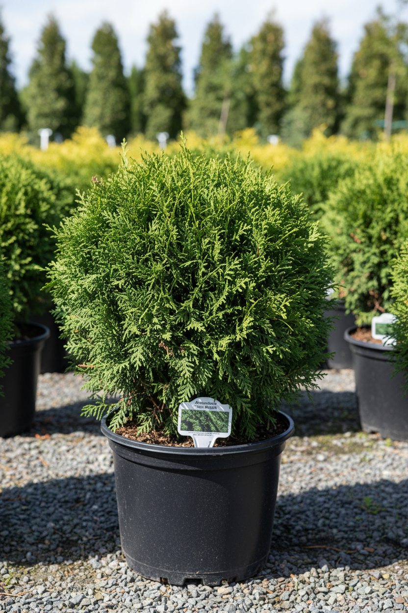 Arborvitae Hetz Midget dwarf evergreen in nursery container