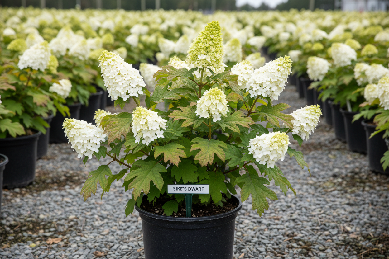 Sike's Dwarf Oakleaf Hydrangea nursery stock photo