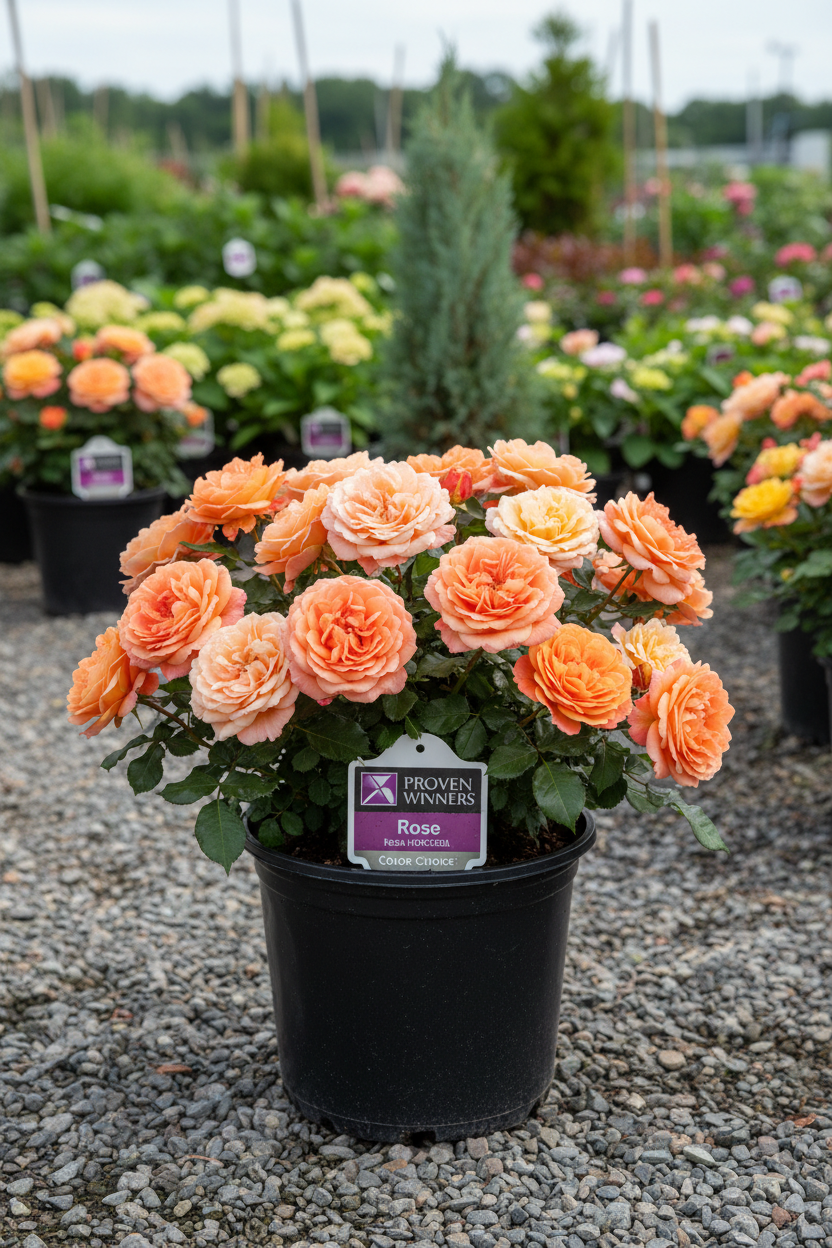 AT LAST Rose Proven Winners in black nursery pot with apricot-orange blooms at garden center