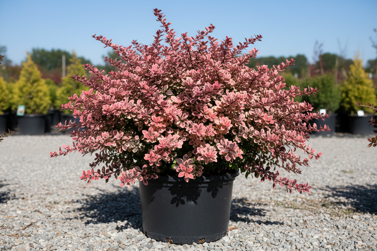 Barberry Rosy Glow shrub with rose-pink and burgundy variegated foliage, nursery stock