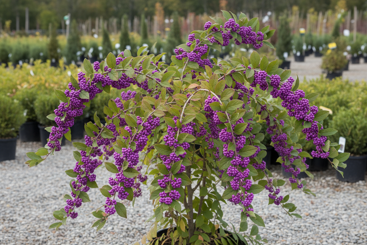 Early Amethyst Beautyberry shrub with vivid violet-purple berry clusters on arching branches, nursery stock