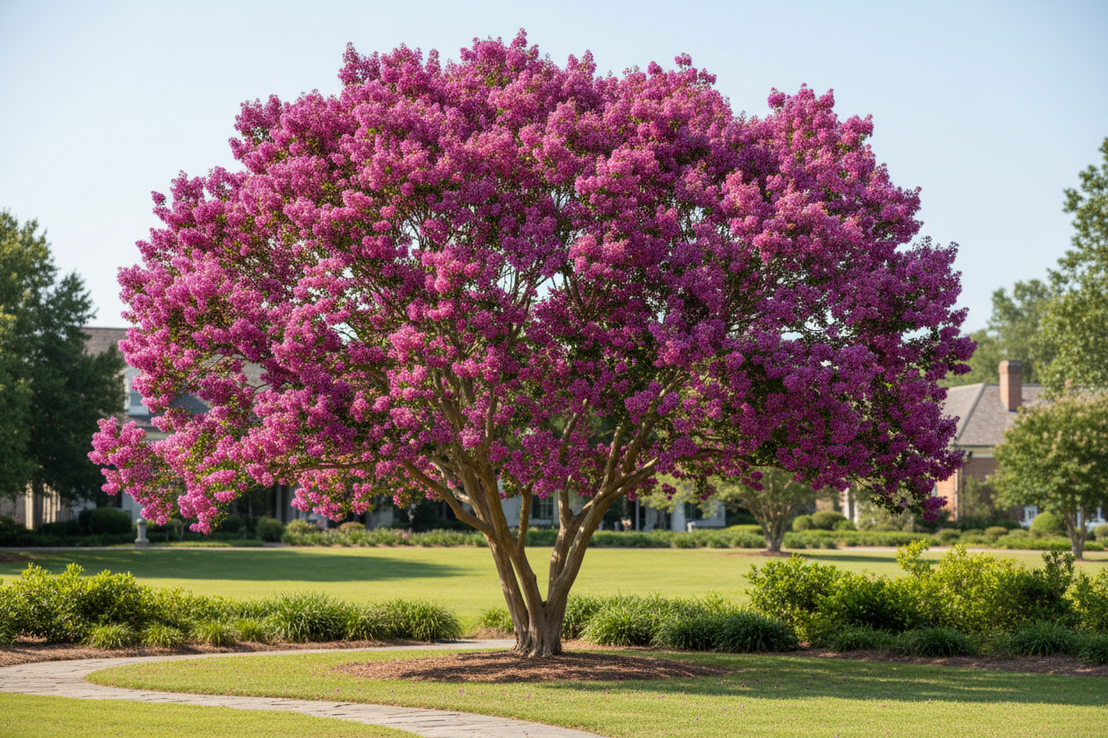 Purple Magic crape myrtle mature tree with deep purple-magenta blooms