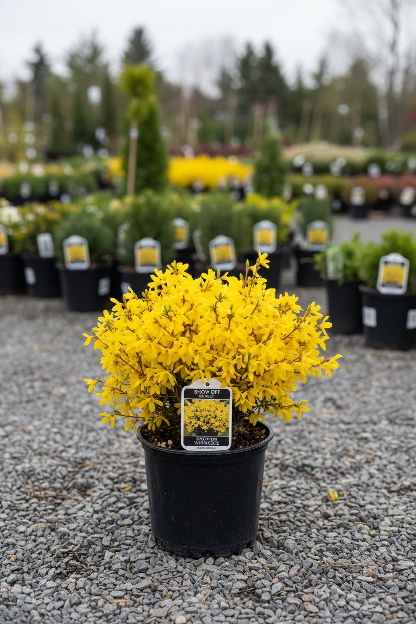 Show Off Starlet Forsythia in small black nursery pot with golden-yellow blooms at garden center
