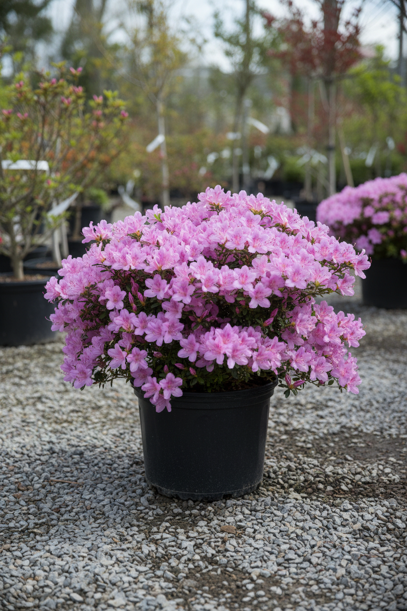 Azalea Karen in black nursery pot covered in lavender-pink blooms at garden center