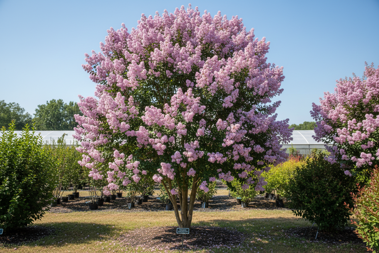 Muskogee crape myrtle with soft lavender-pink blooms in large upright form