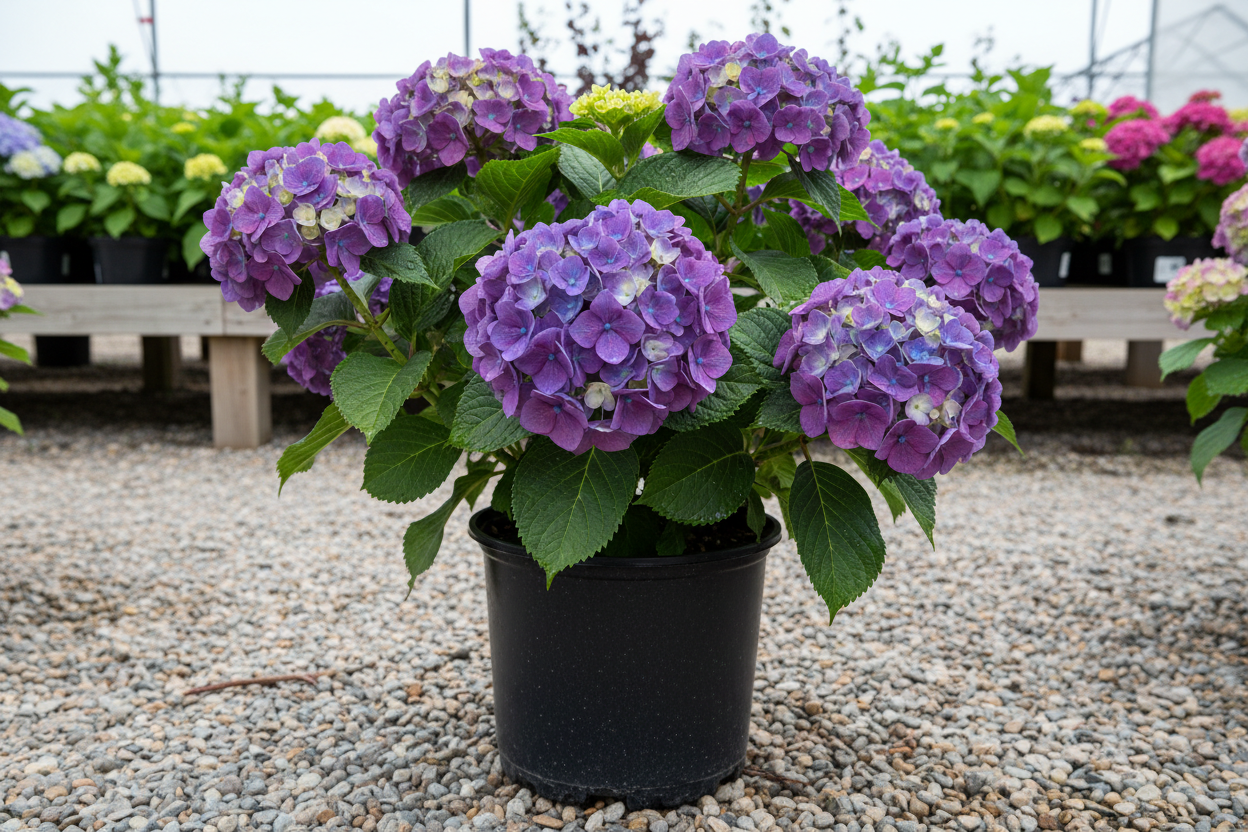 BloomStruck Bigleaf Hydrangea purple mophead blooms nursery stock photo