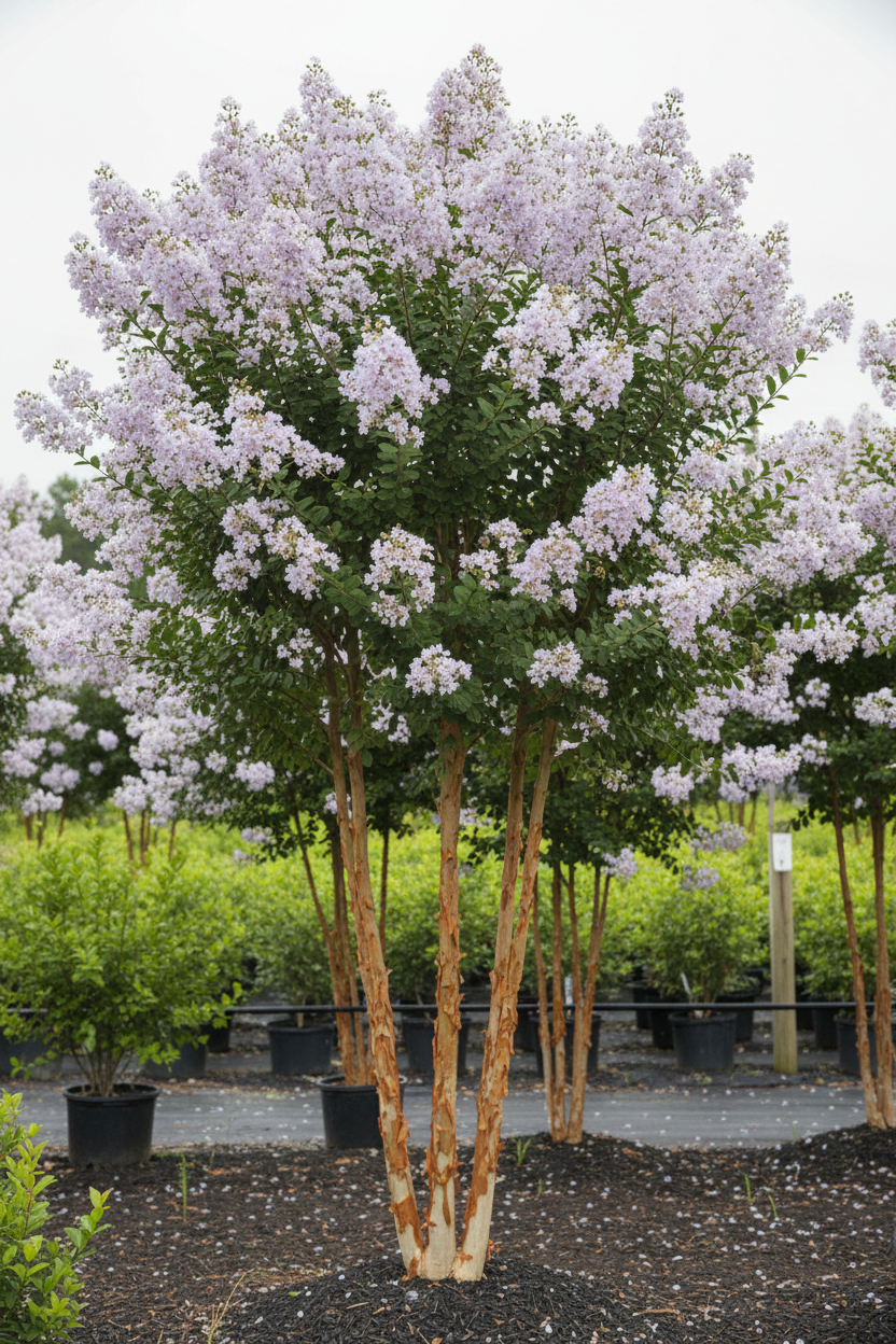 Lipan Crape Myrtle in full bloom with lavender white flower clusters and exfoliating bark