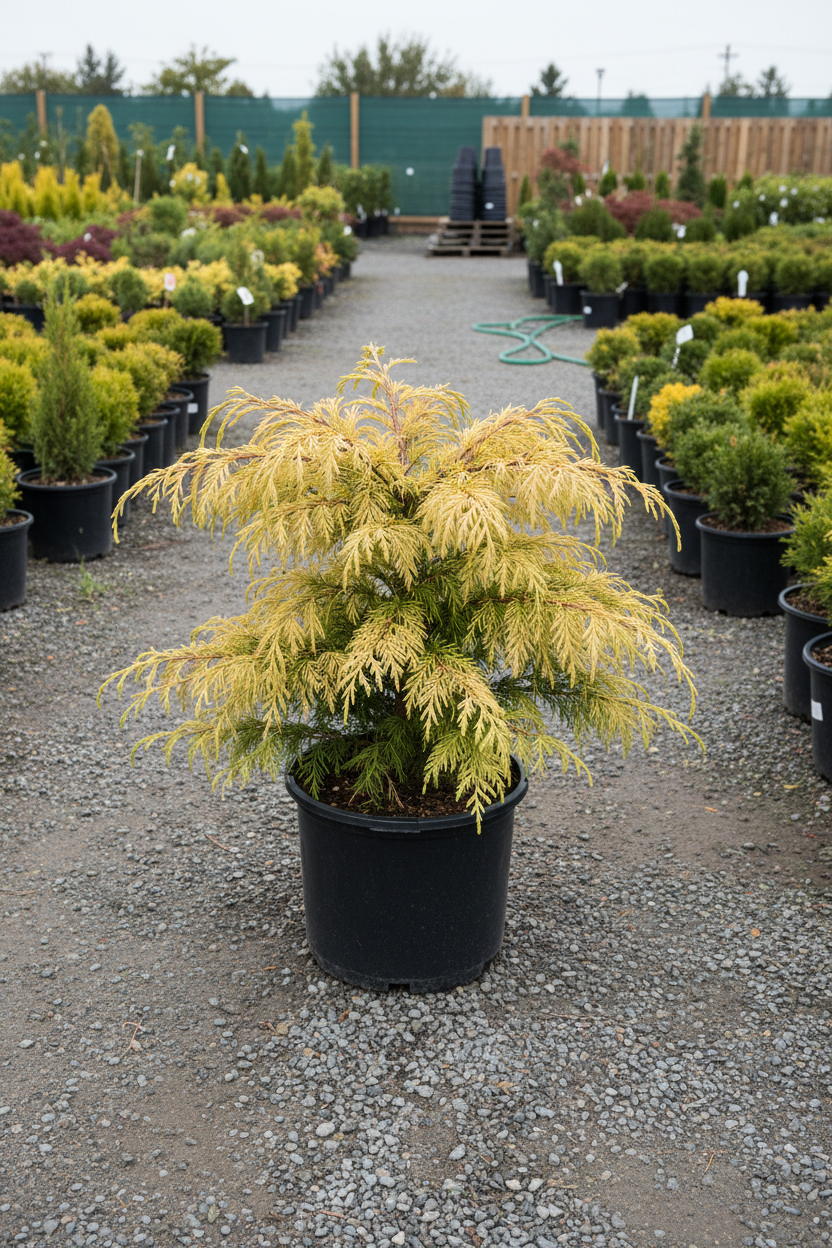 Fernspray Gold Hinoki Cypress in black nursery pot with graceful golden-yellow drooping foliage sprays at garden center