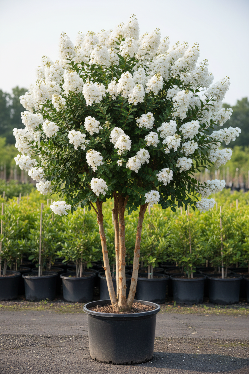 Natchez White Crape Myrtle in full bloom with white flower clusters
