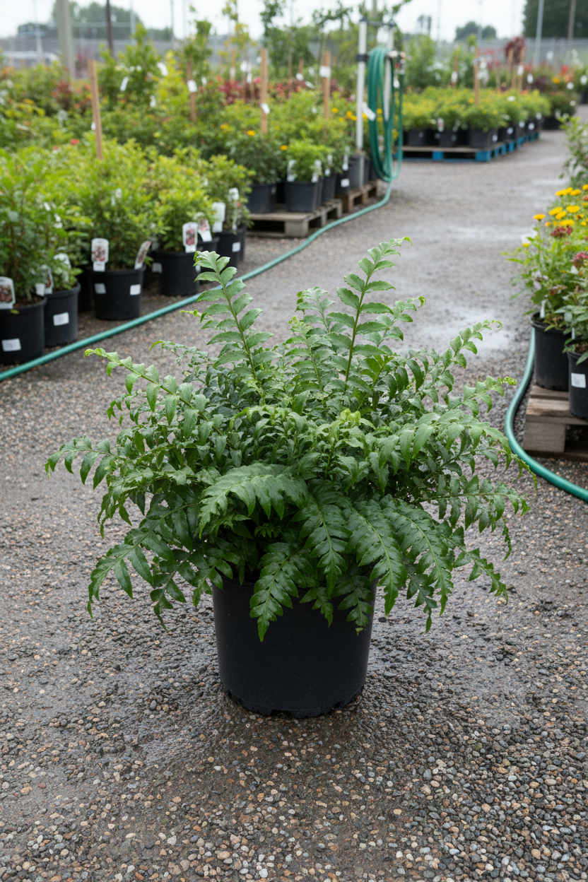 Japanese Holly Fern Rochfordianum in black nursery pot with bold glossy dark green holly-like fronds at garden center