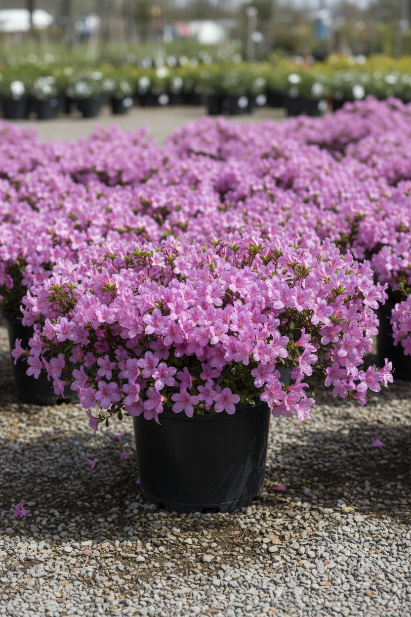 Azalea Poukhanense in black nursery pot covered in lavender to rosy purple blooms at garden center